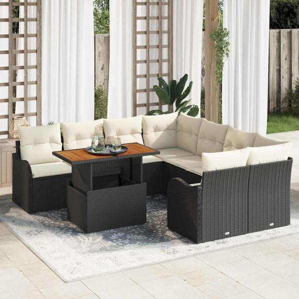 ARDEBO.de - 9-teiliges Garten Sofa Set mit Kissen in Schwarz Poly Rattan, 2-Sitzer Garten Sofa mit Stauraum & Kissen in Schwarz Poly Rattan