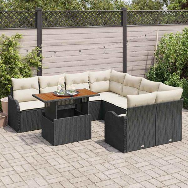 9-teiliges Garten Sofa Set mit Kissen in Schwarz Poly Rattan, 2-Sitzer Garten Sofa mit Stauraum & Kissen in Schwarz Poly Rattan