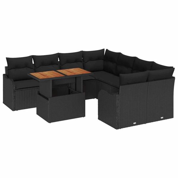 9-teilige Garten-Sofaset mit Kissen Schwarz Poly Rattan, 2-Sitzer Garten-Sofa mit Stauraum & Kissen Schwarz Poly Rattan