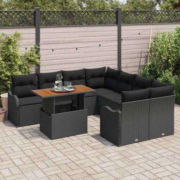 9-teilige Garten-Sofaset mit Kissen Schwarz Poly Rattan, 2-Sitzer Garten-Sofa mit Stauraum & Kissen Schwarz Poly Rattan