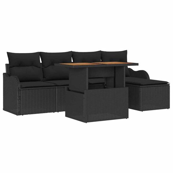 6-teiliges Garten Sofa Set mit Kissen aus schwarzem Poly Rattan, 2-Sitzer Garten Sofa mit Stauraum und Kissen aus schwarzem Poly Rattan