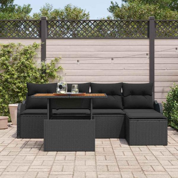 6-teiliges Garten Sofa Set mit Kissen aus schwarzem Poly Rattan, 2-Sitzer Garten Sofa mit Stauraum und Kissen aus schwarzem Poly Rattan