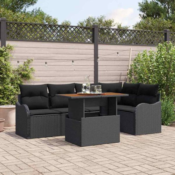 ARDEBO.de - 6-teiliges Garten Sofa Set mit Kissen Schwarz Poly Rattan, 2-Sitzer Garten Sofa mit Stauraum & Kissen Schwarz Poly Rattan