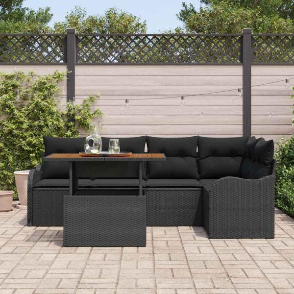6-teiliges Garten Sofa Set mit Kissen Schwarz Poly Rattan, 2-Sitzer Garten Sofa mit Stauraum & Kissen Schwarz Poly Rattan