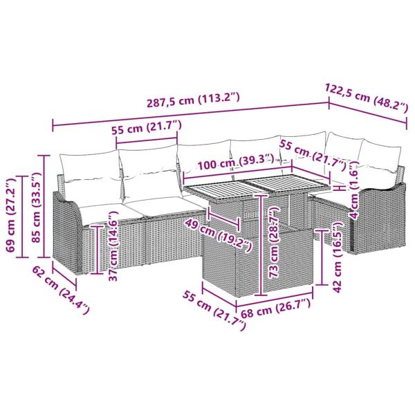 7-teiliges Garten Sofa Set mit Kissen Grau Poly Rattan, 2-Sitzer Garten Sofa mit Stauraum & Kissen Grau Poly Rattan