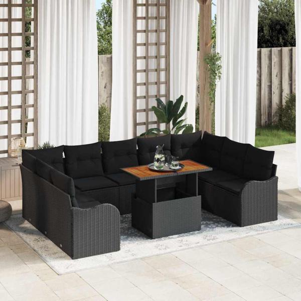 ARDEBO.de - 10-teiliges Gartensofa Set mit Kissen Schwarz Poly Rattan, 2-Sitzer Gartensofa mit Stauraum & Kissen Schwarz Poly Rattan