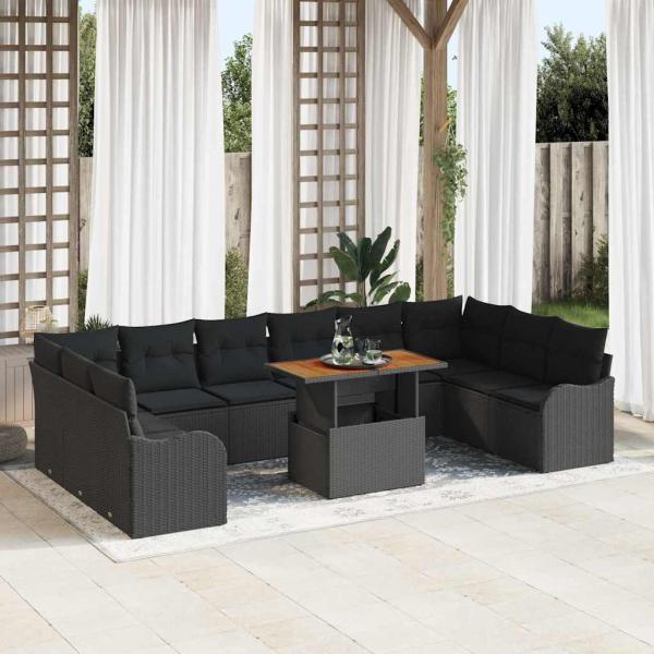 ARDEBO.de - 11-teiliges Garten-Sofa-Set mit Kissen Schwarz Poly-Rattan, 2-Sitzer Garten-Sofa mit Stauraum und Kissen Schwarz Poly-Rattan