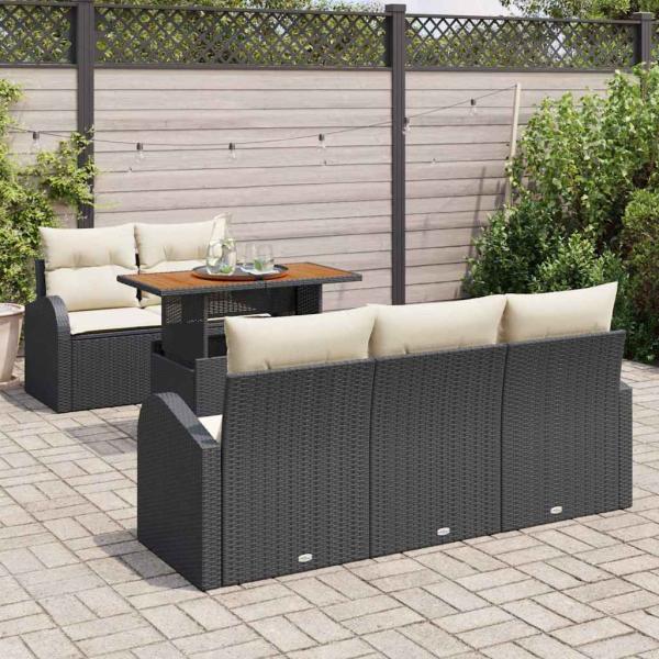 6-teiliges Garten Sofa Set mit Kissen Schwarz Poly Rattan, 2-Sitzer Garten-Sofa mit Stauraum & Kissen Schwarz Poly Rattan