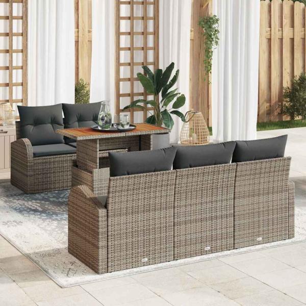 ARDEBO.de - 6-teiliges Garten Sofa Set mit Kissen Grau Poly Rattan, 2-Sitzer Garten Sofa mit Stauraum & Kissen Grau Poly Rattan