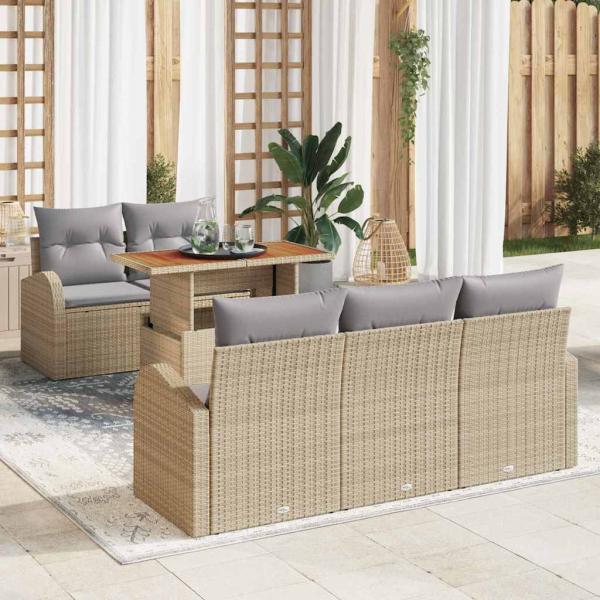 ARDEBO.de - 6-teiliges Garten Sofa Set mit Kissen Beige Poly Rattan, 2-Sitzer Garten Sofa mit Stauraum & Kissen Beige Poly Rattan