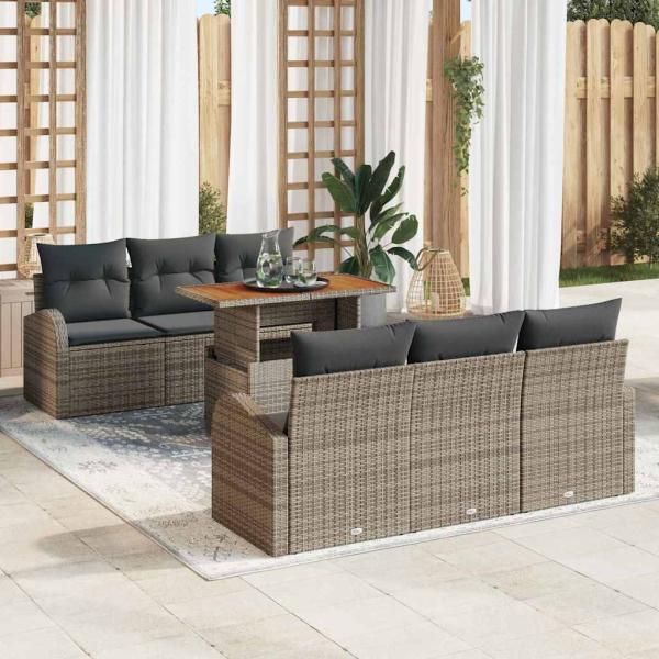 ARDEBO.de - 7-teiliges Garten-Sofaset mit Kissen Grau Poly Rattan, 2-Sitzer Garten-Sofa mit Stauraum & Kissen Grau Poly Rattan