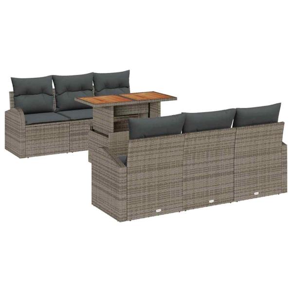 7-teiliges Garten-Sofaset mit Kissen Grau Poly Rattan, 2-Sitzer Garten-Sofa mit Stauraum & Kissen Grau Poly Rattan