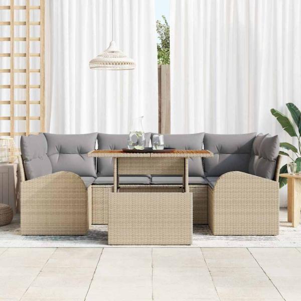 7-teiliges Garten-Sofa-Set mit Kissen Beige Poly-Rattan, 2-Sitzer Garten-Sofa mit Stauraum & Kissen Beige Poly-Rattan