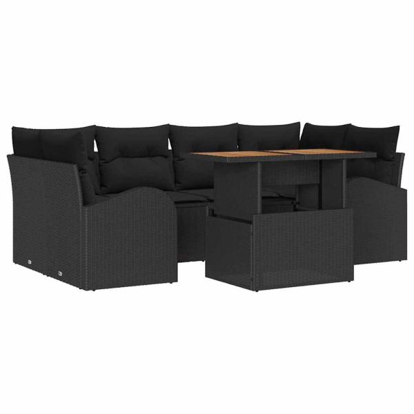 7-teiliges Garten-Sofa-Set mit Kissen Schwarz Poly-Rattan, 2-Sitzer Garten-Sofa mit Stauraum und Kissen Schwarz Poly-Rattan