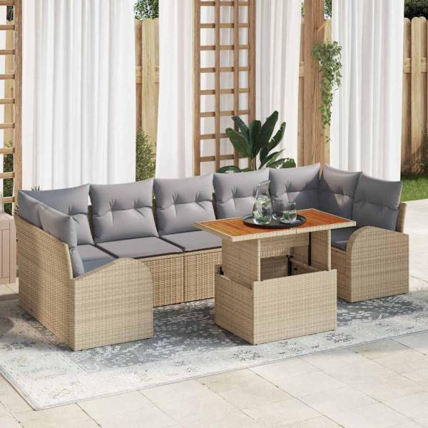 ARDEBO.de - 8-teiliges Garten Sofa Set mit Kissen Beige Poly Rattan, 2-Sitzer Garten Sofa mit Stauraum & Kissen Beige Poly Rattan