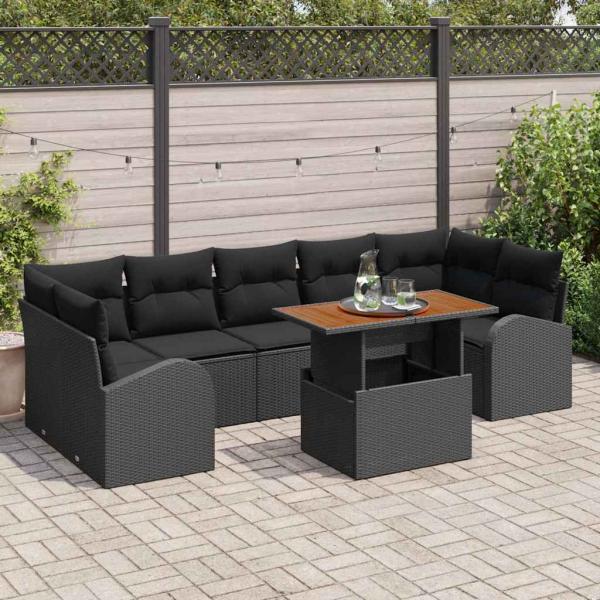ARDEBO.de - 8-teiliges Garten Sofa Set mit Kissen Schwarz Poly Rattan, 2-Sitzer Garten Sofa mit Stauraum & Kissen Schwarz Poly Rattan