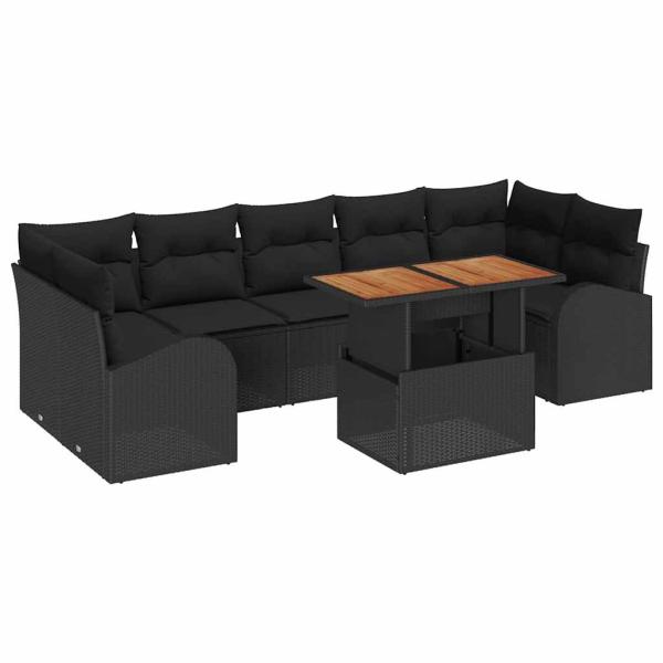 8-teiliges Garten Sofa Set mit Kissen Schwarz Poly Rattan, 2-Sitzer Garten Sofa mit Stauraum & Kissen Schwarz Poly Rattan