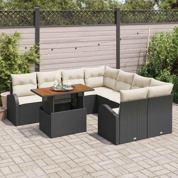 9-teiliges Garten-Sofa-Set mit Kissen Schwarzes Poly-Rattan, 2-Sitzer Garten-Sofa mit Stauraum & Kissen Schwarzes Poly-Rattan