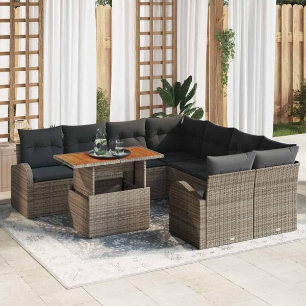 ARDEBO.de - 9-teiliges Garten Sofa Set mit Kissen Grau Poly Rattan, 2-Sitzer Garten Sofa mit Stauraum & Kissen Grau Poly Rattan