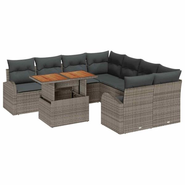 9-teiliges Garten Sofa Set mit Kissen Grau Poly Rattan, 2-Sitzer Garten Sofa mit Stauraum & Kissen Grau Poly Rattan