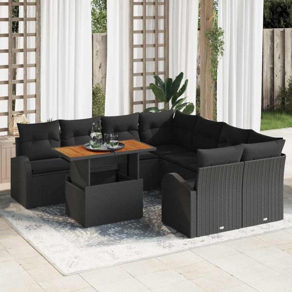 ARDEBO.de - 9-teiliges Garten Sofa Set mit Kissen, schwarzes Poly-Rattan, 2-Sitzer Garten Sofa mit Stauraum & Kissen, schwarzes Poly-Rattan