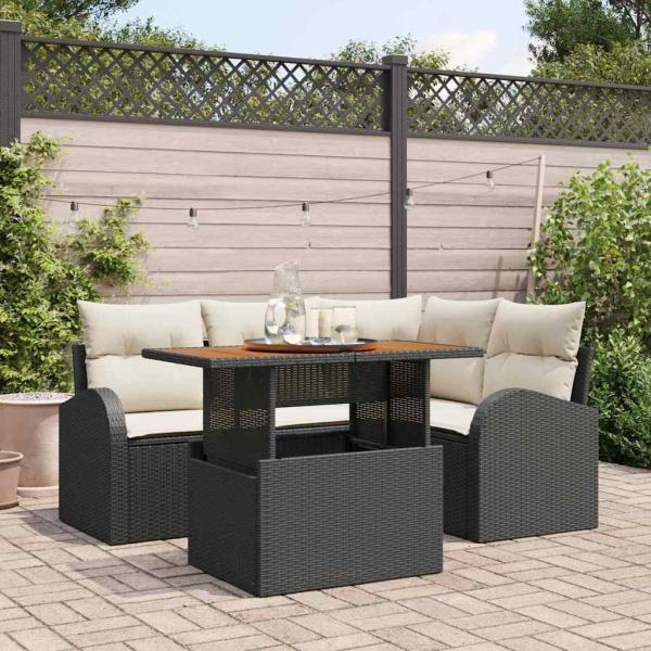 ARDEBO.de - 5-teiliges Garten Sofa Set mit Kissen Schwarz Poly Rattan, 2-Sitzer Garten Sofa mit Stauraum & Kissen Schwarz Poly Rattan