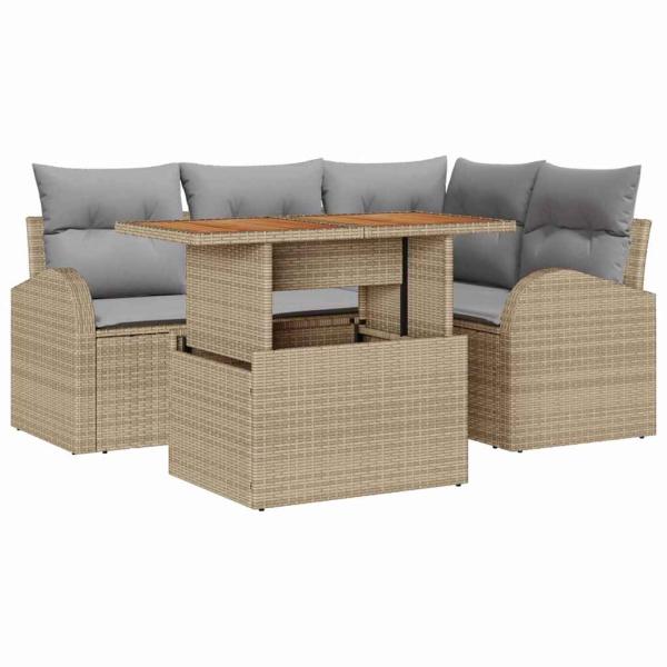 5-teiliges Garten-Sofa-Set mit Kissen Beige Poly Rattan, 2-Sitzer Garten-Sofa mit Stauraum & Kissen Beige Poly Rattan