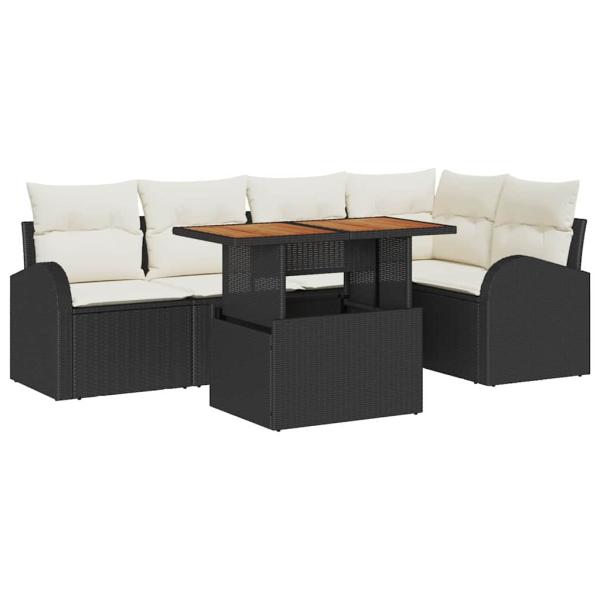 6-teiliges Garten-Sofa-Set mit Kissen Schwarz Poly Rattan, 2-Sitzer Garten-Sofa mit Stauraum & Kissen Schwarz Poly Rattan