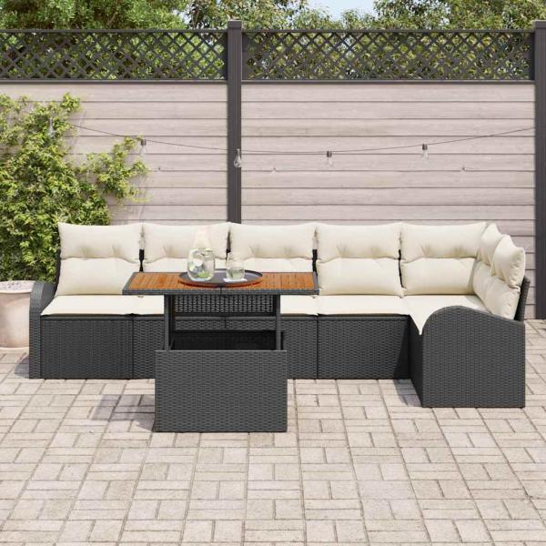 7-teiliges Garten-Sofa-Set mit Kissen Schwarz Poly-Rattan, 2-Sitzer Garten-Sofa mit Stauraum & Kissen Schwarz Poly-Rattan
