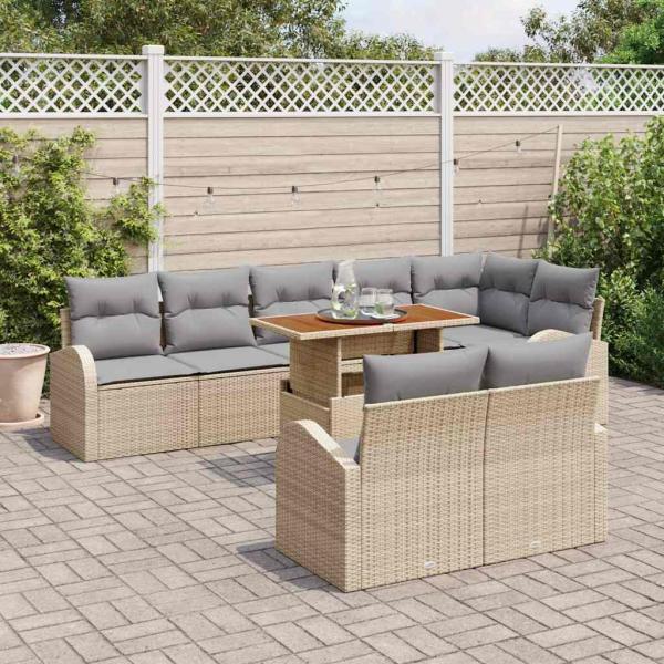 9-teiliges Garten-Sofa-Set mit Kissen Beige Poly Rattan, 2-Sitzer Garten-Sofa mit Stauraum & Kissen Beige Poly Rattan