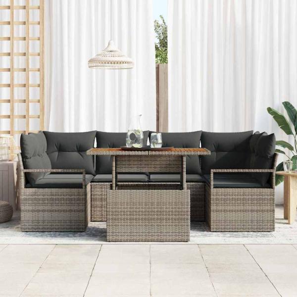 7-teiliges Garten Sofaset mit Kissen Grau Poly Rattan, 2-Sitzer Garten Sofa mit Stauraum & Kissen Grau Poly Rattan
