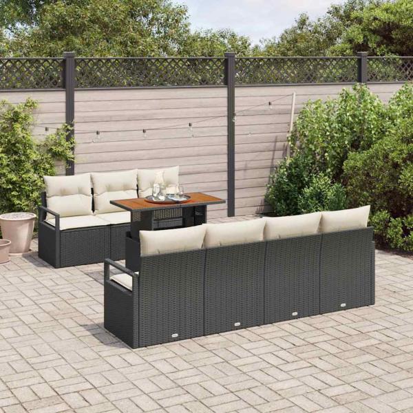 8-teiliges Garten-Sofa-Set mit Kissen Schwarz Poly-Rattan, 2-Sitzer Garten-Sofa mit Stauraum & Kissen Schwarz Poly-Rattan