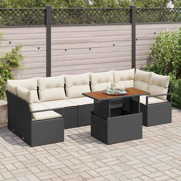 ARDEBO.de - 8-teiliges Garten Sofa Set mit Kissen Schwarz Poly Rattan, 2-Sitzer Garten Sofa mit Stauraum & Kissen Schwarz Poly Rattan