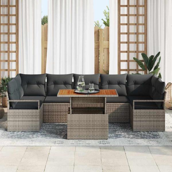 8-teiliges Garten-Sofa-Set mit Kissen Grau Poly Rattan, 2-Sitzer Garten-Sofa mit Stauraum und Kissen Grau Poly Rattan