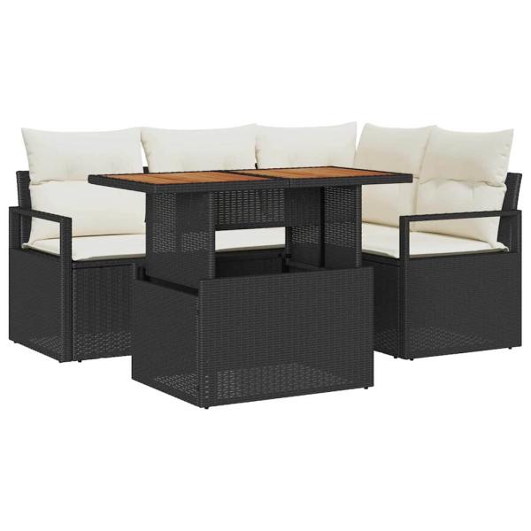 5-teiliges Garten Sofa Set mit Kissen Schwarz Poly Rattan, 2-Sitzer Garten Sofa mit Stauraum & Kissen Schwarz Poly Rattan
