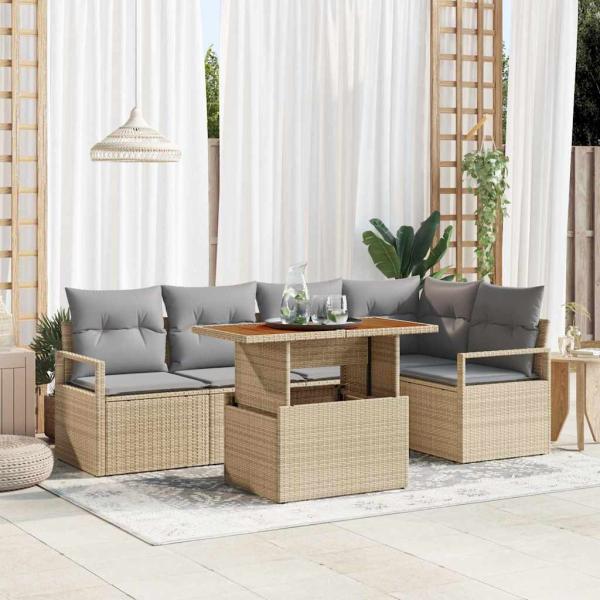 ARDEBO.de - 6-teiliges Garten-Sofa-Set mit Kissen Beige Poly Rattan, 2-Sitzer Garten-Sofa mit Stauraum & Kissen Beige Poly Rattan