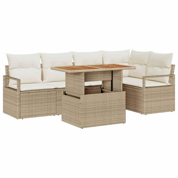 6-teiliges Garten Sofa Set mit Kissen Beige Poly Rattan, 2-Sitzer Garten Sofa mit Stauraum & Kissen Beige Poly Rattan
