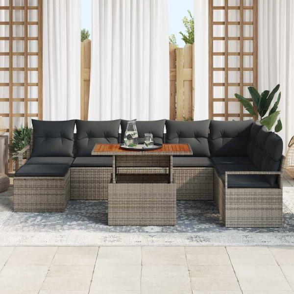 9-teiliges Garten-Sofa-Set mit Kissen Grau Poly Rattan, 2-Sitzer Garten-Sofa mit Stauraum & Kissen Grau Poly Rattan