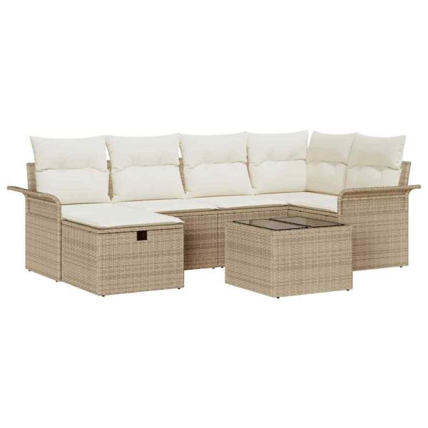 7 teiliges Garten Sofa Set mit Kissen Beige Poly Rattan