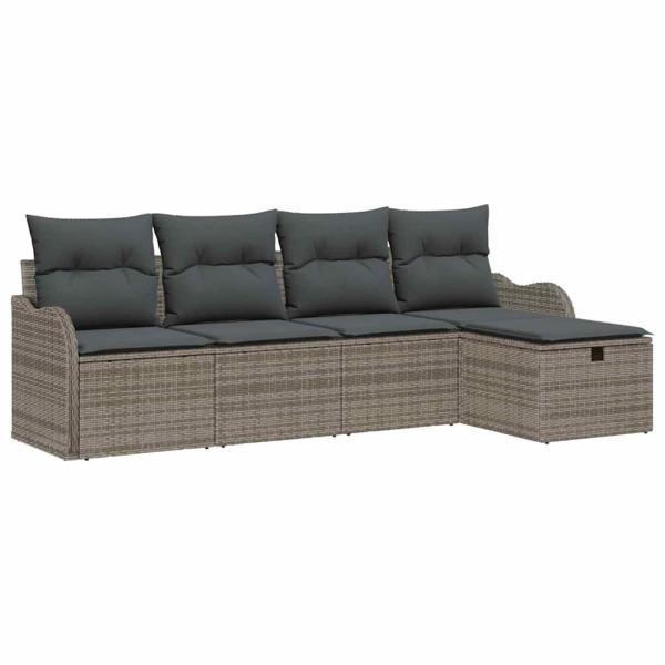 5-teiliges Garten Sofa Set mit Kissen Grau Poly Rattan, 2-Sitzer Garten Sofa mit Kissen Grau Poly Rattan
