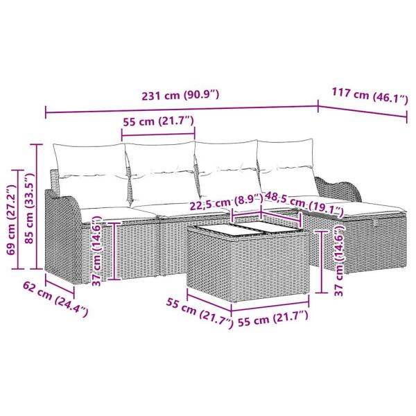 ARDEBO.de - 6-teiliges Garten Sofa Set mit Kissen Grau Poly Rattan, 2-Sitzer Garten Sofa mit Kissen Grau Poly Rattan