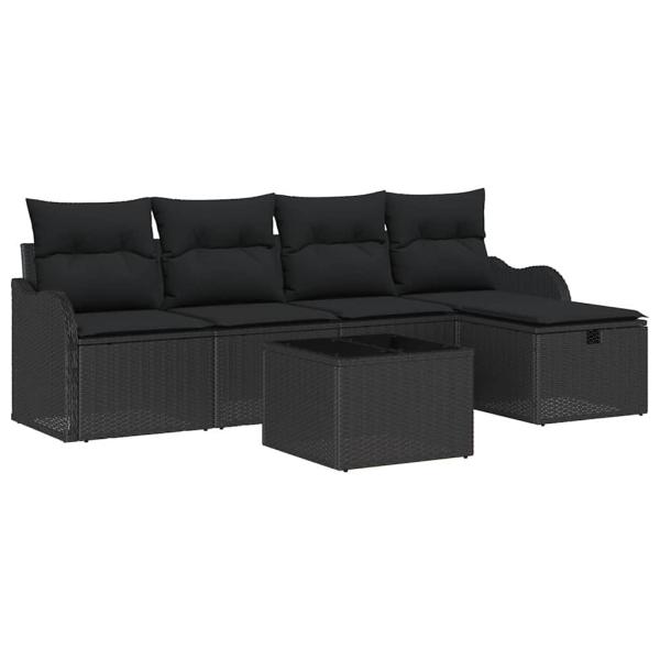 6-teiliges Garten-Sofa-Set mit Kissen Schwarz Poly Rattan, 2-Sitzer Garten-Sofa mit Kissen Schwarz Poly Rattan