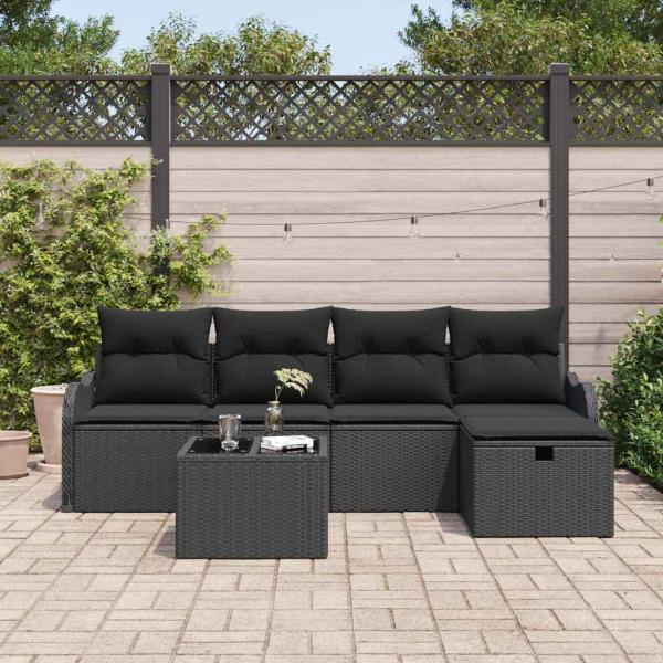 6-teiliges Garten-Sofa-Set mit Kissen Schwarz Poly Rattan, 2-Sitzer Garten-Sofa mit Kissen Schwarz Poly Rattan