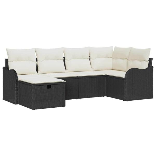6-teiliges Garten-Sofa-Set mit Kissen Schwarz Poly Rattan, 2-Sitzer Garten-Sofa mit Kissen Schwarz Poly Rattan