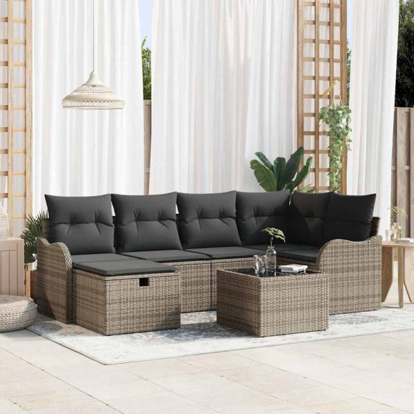ARDEBO.de - 7-teiliges Garten-Sofa-Set mit Kissen Grau Poly-Rattan, 2-Sitzer Garten-Sofa mit Kissen Grau Poly-Rattan