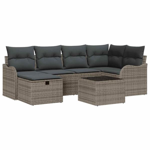 7-teiliges Garten-Sofa-Set mit Kissen Grau Poly-Rattan, 2-Sitzer Garten-Sofa mit Kissen Grau Poly-Rattan