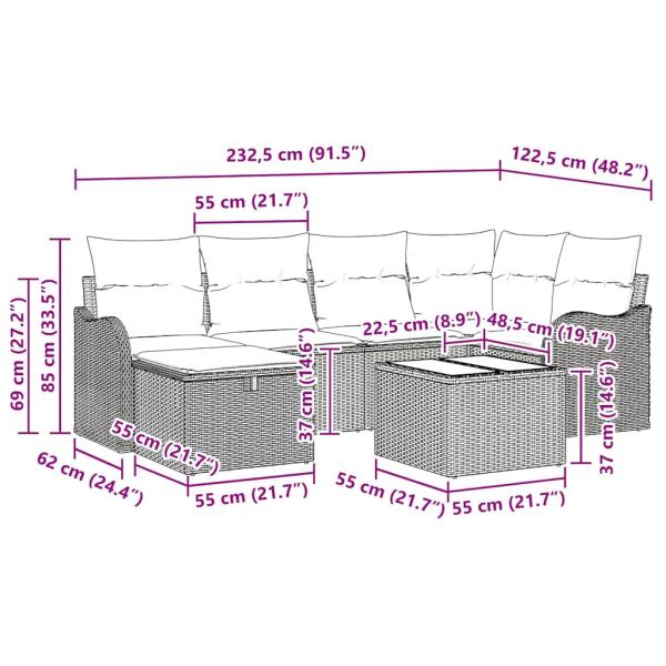 7-teiliges Garten-Sofa-Set mit Kissen Grau Poly-Rattan, 2-Sitzer Garten-Sofa mit Kissen Grau Poly-Rattan
