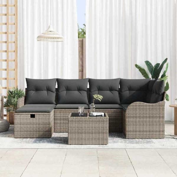 7-teiliges Garten-Sofa-Set mit Kissen Grau Poly-Rattan, 2-Sitzer Garten-Sofa mit Kissen Grau Poly-Rattan