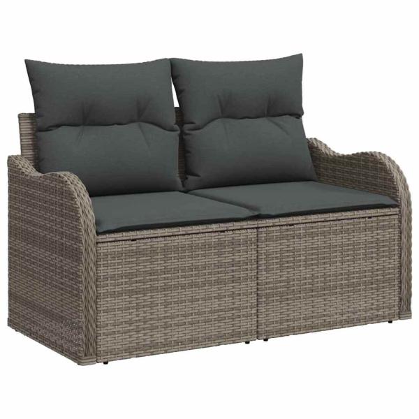 7-teiliges Garten-Sofa-Set mit Kissen Grau Poly-Rattan, 2-Sitzer Garten-Sofa mit Kissen Grau Poly-Rattan