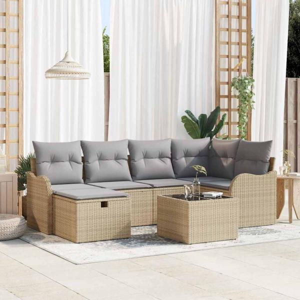 ARDEBO.de - 7-teiliges Garten Sofa Set mit Kissen Beige Poly Rattan, 2-Sitzer Garten Sofa mit Kissen Beige Poly Rattan